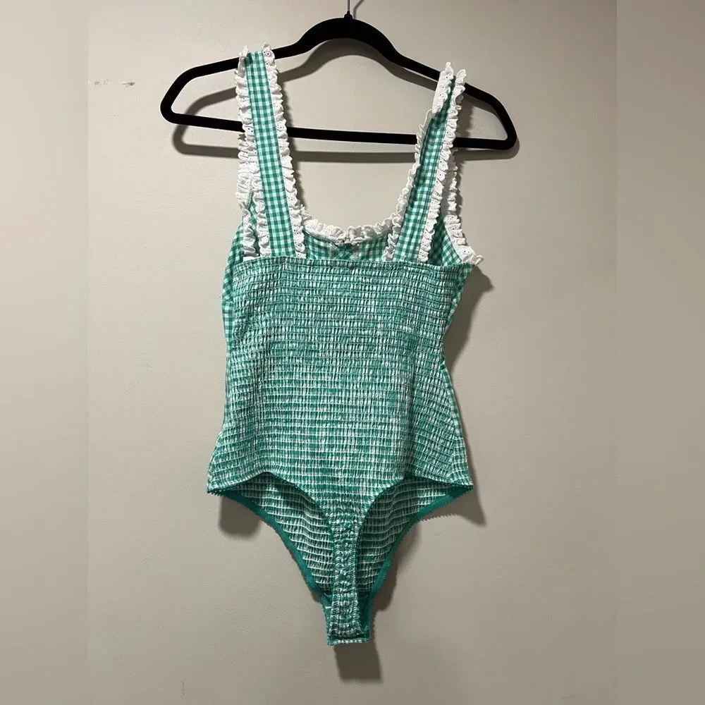 Free People Green Gingham Lace Bodysuit